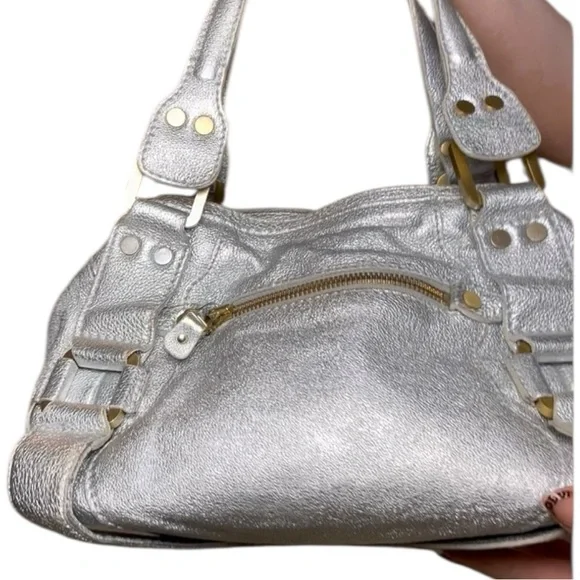 Jimmy Choo Mahala Tote Metallic Silver Leather Gold Hardware Shoulder Bags